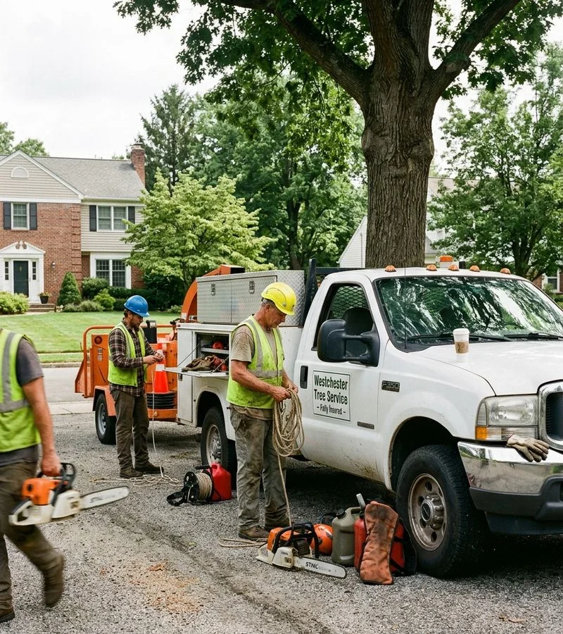 Fully insured tree crew in safety gear beside work truck